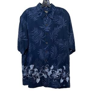 Caribbean Hawaiian Print Short Sleeve Button Up Shirt Navy Blue Silk Blend Sz L